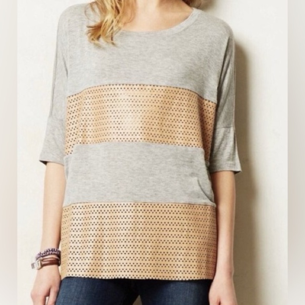 Anthropologie Sunday in Brooklyn M Gray Tan Faux Leather Short Sleeve Tee Top